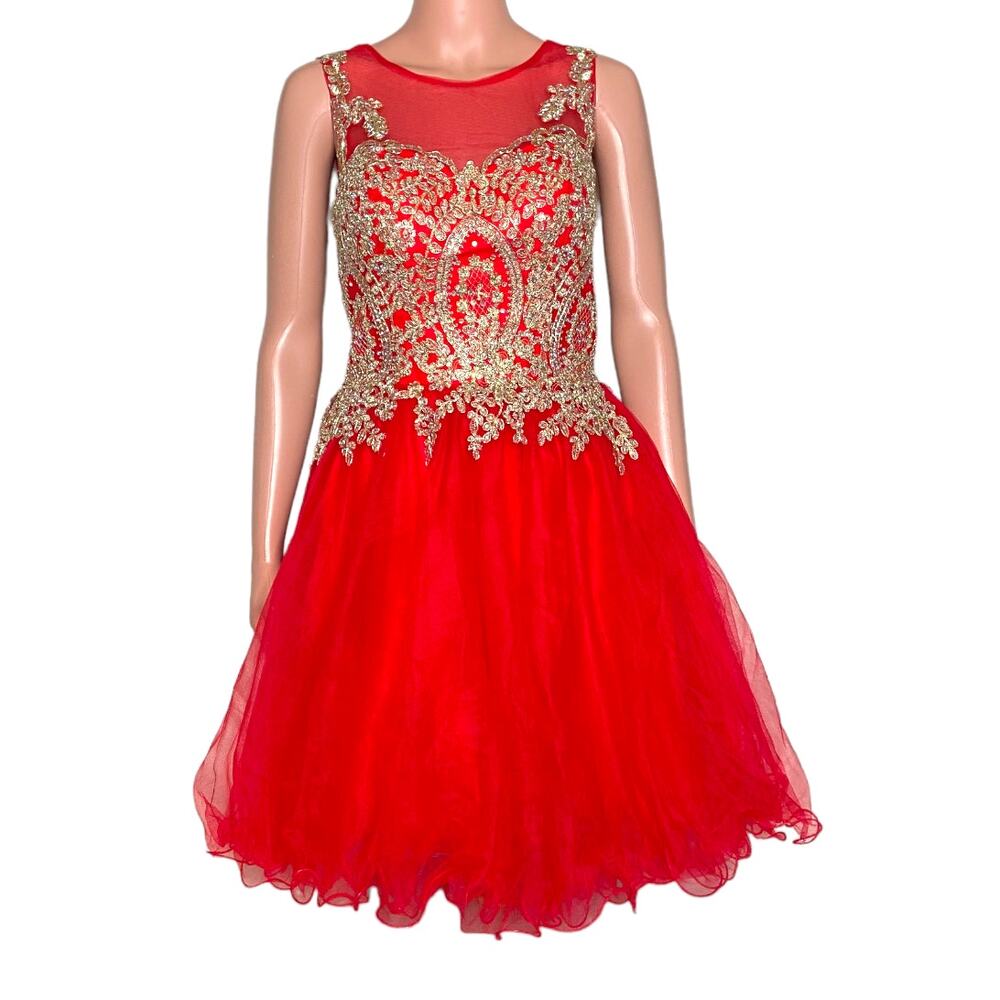 Red Fit & Flare Short Prom Dress size 0 2 4 Corset Back Gold Lace Tulle